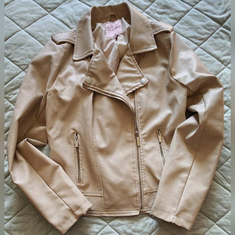 Sequin Hearts Beige Leather Jacket